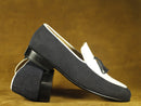 Bespoke Men's Black White Cotroy Leather Loafer Tussle Stylish Shoes,