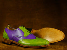 Load image into Gallery viewer, Bespoke Green Purple Wing Tip Lace Up Leather Shoes For Men
