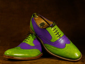 Bespoke Green Purple Wing Tip Lace Up Leather Shoes For Men