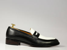 Load image into Gallery viewer, Bespoke Black White Penny Loafer Leather Shoes,Men&#39;s Fashion Shoes
