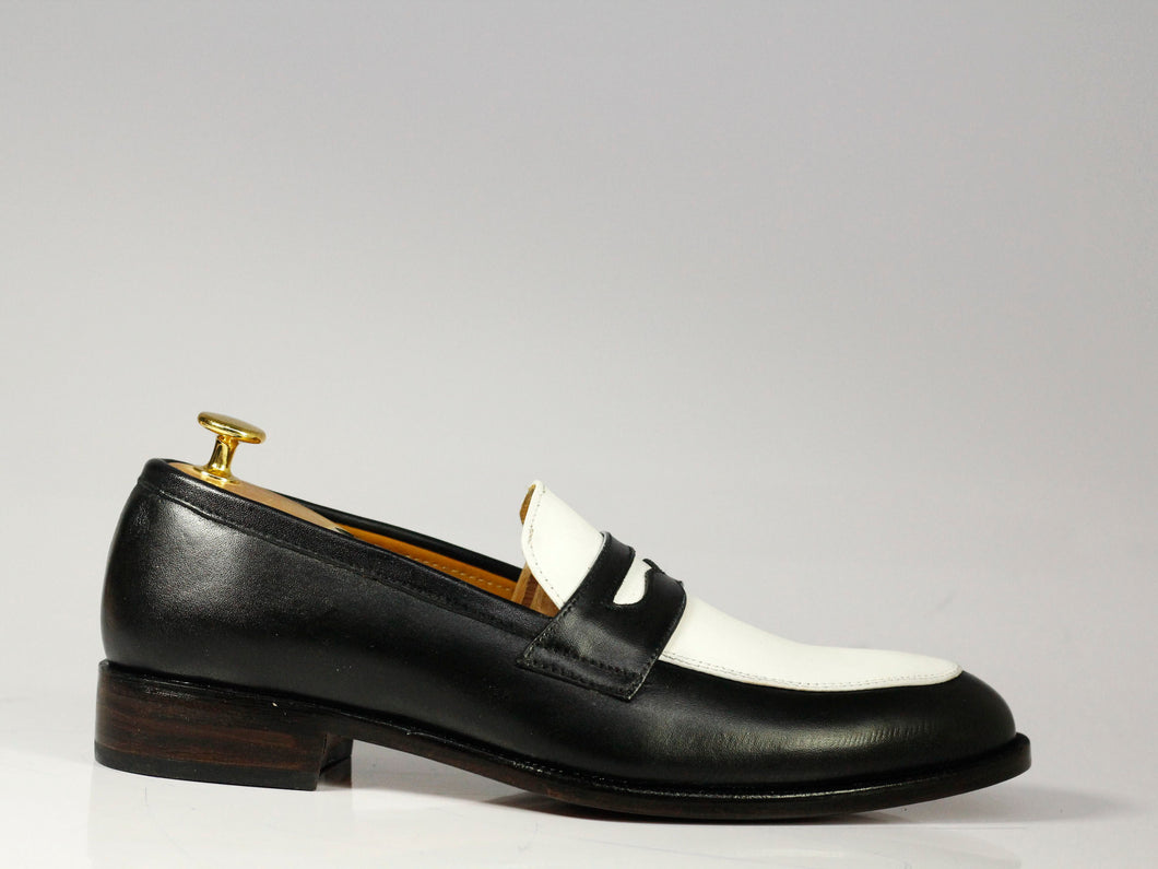 Bespoke Black White Penny Loafer Leather Shoes,Men's Fashion Shoes