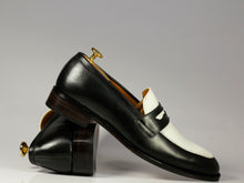 Load image into Gallery viewer, Bespoke Black White Penny Loafer Leather Shoes,Men&#39;s Fashion Shoes
