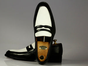 Bespoke Black White Penny Loafer Leather Shoes,Men's Fashion Shoes