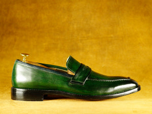 Men's Leather Green Penny Loafer Shoes,Hand Painted Party Shoes
