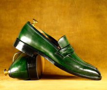 Load image into Gallery viewer, Men&#39;s Leather Green Penny Loafer Shoes,Hand Painted Party Shoes
