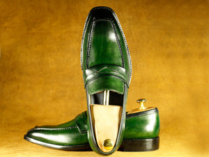 Men's Leather Green Penny Loafer Shoes,Hand Painted Party Shoes