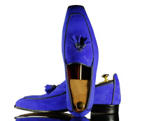 Load image into Gallery viewer, Men&#39;s Loafer Tussle Shoes Navy Blue Suede,Handmade Shoes
