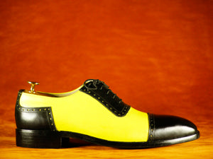 Bespoke Black Yellow Cap Toe Lace Up Leather Shoes,Men's Party Shoes