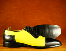 Load image into Gallery viewer, Bespoke Black Yellow Cap Toe Lace Up Leather Shoes,Men&#39;s Party Shoes
