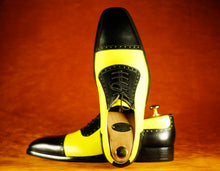 Load image into Gallery viewer, Bespoke Black Yellow Cap Toe Lace Up Leather Shoes,Men&#39;s Party Shoes
