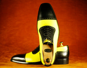Bespoke Black Yellow Cap Toe Lace Up Leather Shoes,Men's Party Shoes