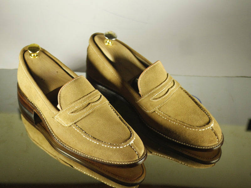Bespoke Beige split toe Penny Loafer Leather Shoe for Men - leathersguru