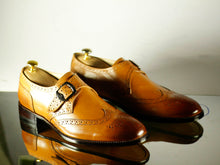 Load image into Gallery viewer, Handmade Tan Wing Tip Monk Straps Leather Shoes for Men - leathersguru
