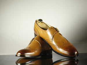 Handmade Tan Wing Tip Monk Straps Leather Shoes for Men - leathersguru