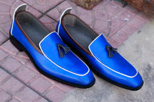 Load image into Gallery viewer,  Bespoke Navy Blue Loafer Tussle Leather Shoes, For Men&#39;s 
