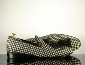 Bespoke Black & White Dog Print Suede Tussle Loafer Shoes for Men - leathersguru
