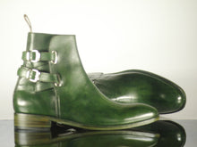 Load image into Gallery viewer, Handmade Green Leather Ankle High Buckle Up Boots - leathersguru
