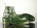 Handmade Green Leather Ankle High Buckle Up Boots - leathersguru
