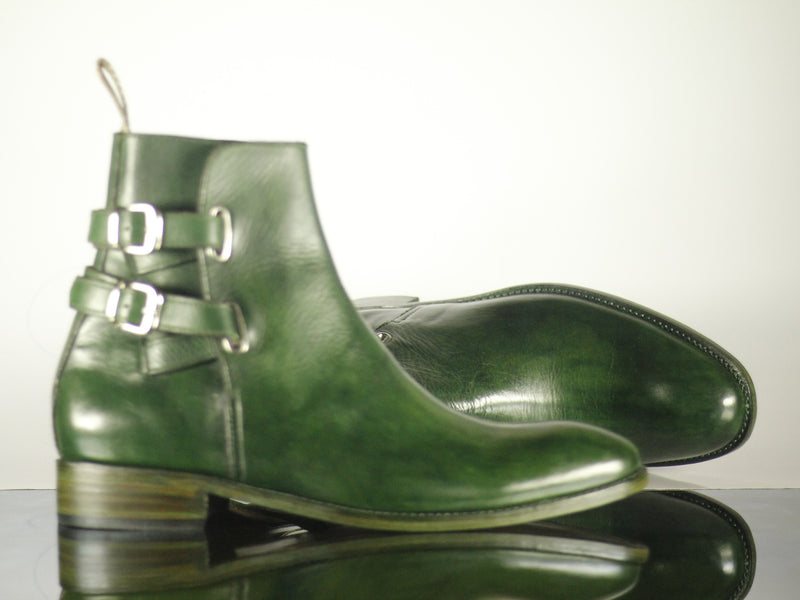 Handmade Green Leather Ankle High Buckle Up Boots - leathersguru