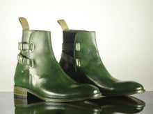Load image into Gallery viewer, Handmade Green Leather Ankle High Buckle Up Boots - leathersguru

