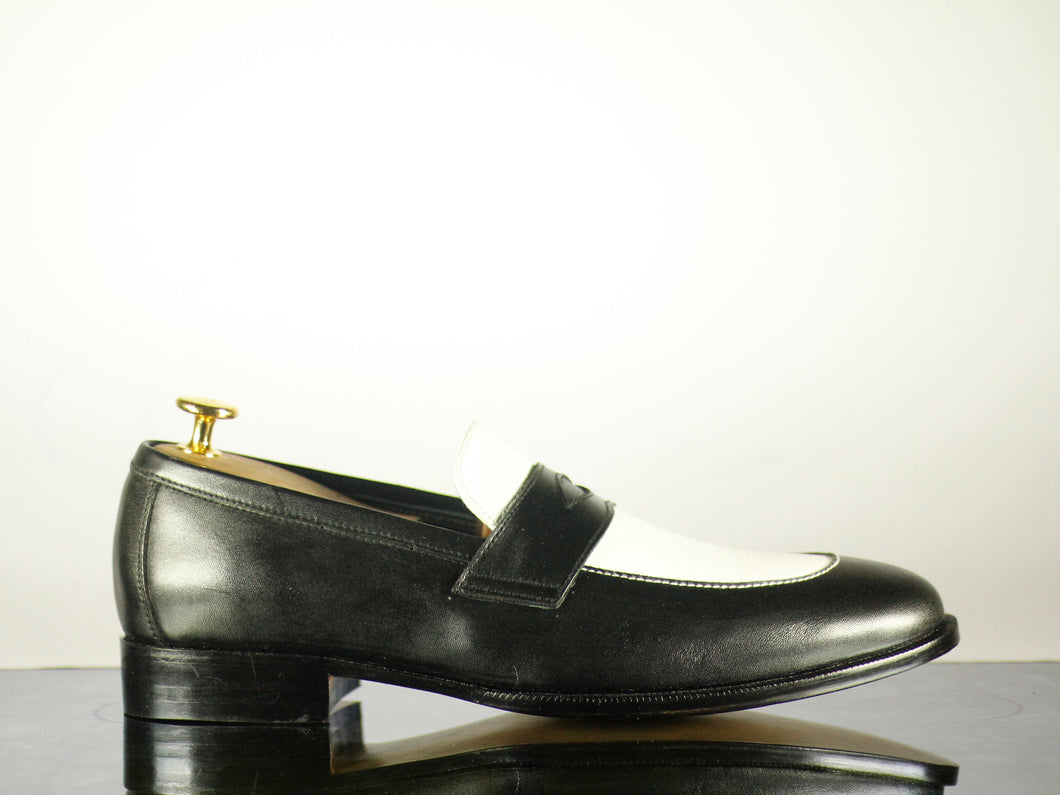 Bespoke Penny Loafer Black White Leather Shoes,Men's Dress Shoes