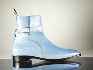 Bespoke Sky Blue Jodhpurs Leather Ankle Boot For Men's