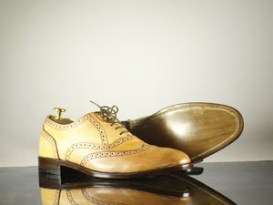Beige Leather  Men's Shoes,Wing Tip Brogue Style Shoes