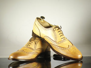 Beige Leather Men's Shoes,Wing Tip Brogue Style Shoes