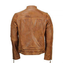 Load image into Gallery viewer, Men&#39;s Tan Vintage Biker Style Waxed Sheep Skin Fashion Jacket - leathersguru
