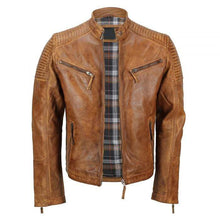 Load image into Gallery viewer, Men&#39;s Tan Vintage Biker Style Waxed Sheep Skin Fashion Jacket - leathersguru

