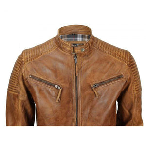 Men's Tan Vintage Biker Style Waxed Sheep Skin Fashion Jacket - leathersguru