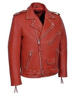 Handmade Men's Style Studded Brando Red Magnificent Leather Jacket