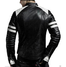 Load image into Gallery viewer, Men&#39;s Leather White Stripped Jacket, Black Biker Handmade Jacket - leathersguru
