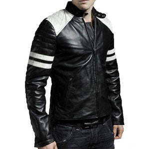 Men's Leather White Stripped Jacket, Black Biker Handmade Jacket - leathersguru