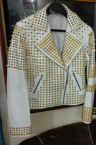 Man White Leather Jacket, Steampunk Golden Studded Punk Jacket