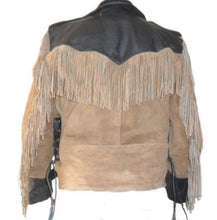 Load image into Gallery viewer, Men 1980&#39;s Cowboy Suede Leather Black Beige Jacket ,Cowboy Suede Fringe Jacket - leathersguru
