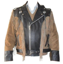 Load image into Gallery viewer, Men 1980&#39;s Cowboy Suede Leather Black Beige Jacket ,Cowboy Suede Fringe Jacket - leathersguru

