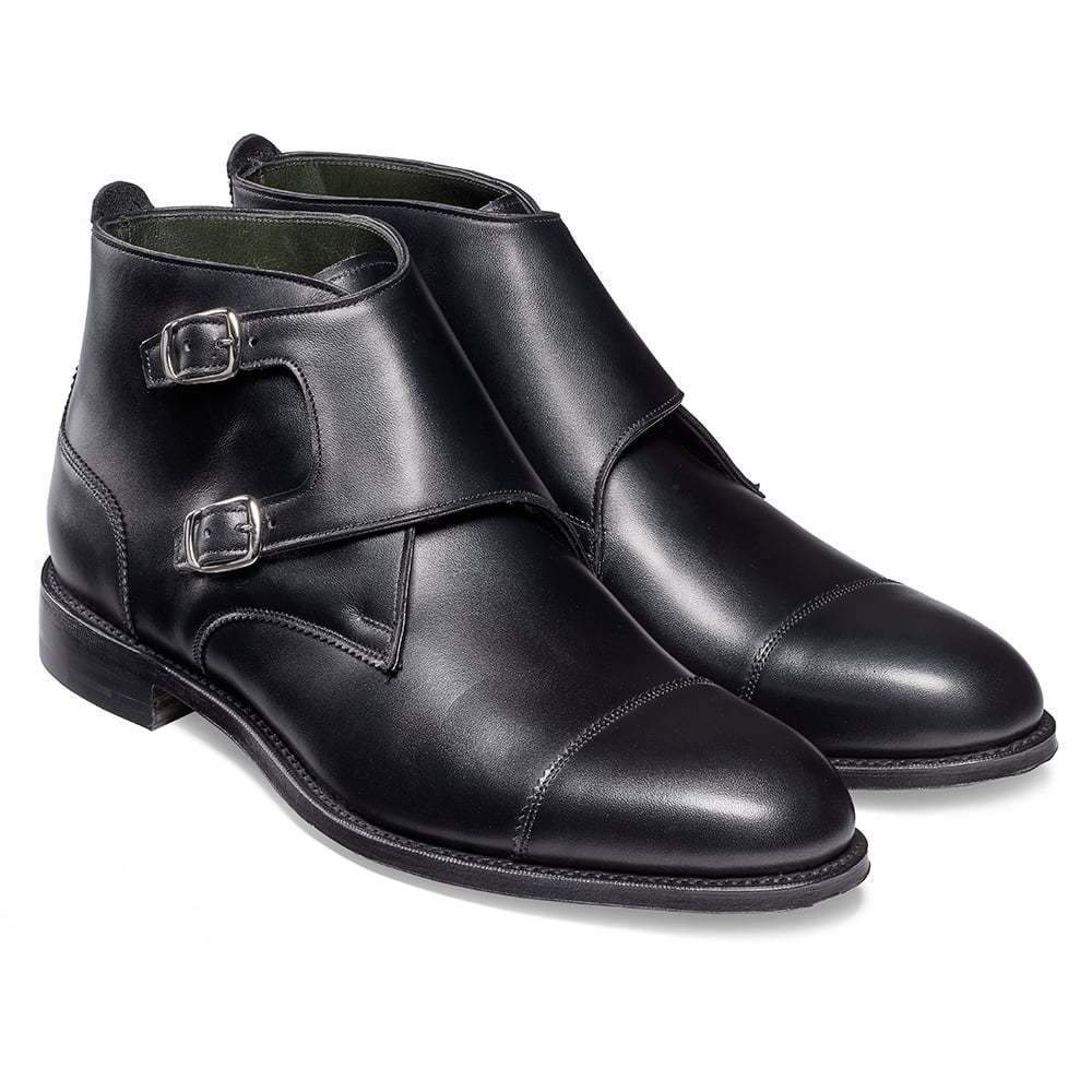 Men's Ankle High Black Leather Cap Toe Monk Strap Boot - leathersguru