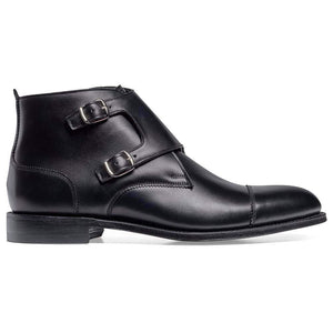 Men's Ankle High Black Leather Cap Toe Monk Strap Boot - leathersguru
