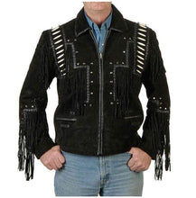 Load image into Gallery viewer, Men&#39;s Black Cowboy Suede Jacket, Cowboy Style Suede Jacket With Fringe - leathersguru
