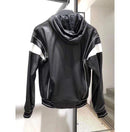 Men's Black White Hooded Leather Jacket, Men's Handmade Leather Jackets - leathersguru