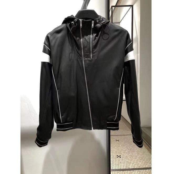 Men's Black White Hooded Leather Jacket, Men's Handmade Leather Jackets - leathersguru