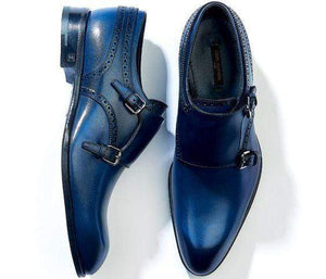 Handmade Blue Double Monk Leather Shoe - leathersguru