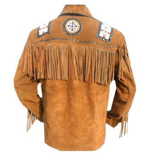 Load image into Gallery viewer, Men Brown Eagle Beads Western Cowboy Suede Leather Tan Jacket, Fringes Jacket - leathersguru
