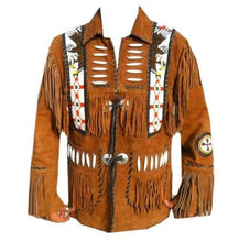 Load image into Gallery viewer, Men Brown Eagle Beads Western Cowboy Suede Leather Tan Jacket, Fringes Jacket - leathersguru
