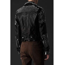 Load image into Gallery viewer, Men&#39;s Casual Black Silver Studded Rocker Punk Style Biker Leather Jacket - leathersguru
