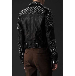 Men's Casual Black Silver Studded Rocker Punk Style Biker Leather Jacket - leathersguru