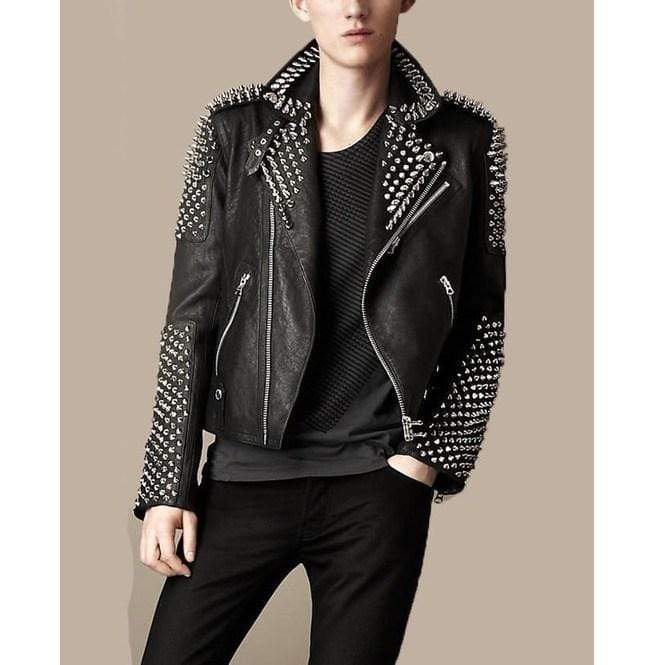 Men's Casual Black Silver Studded Rocker Punk Style Biker Leather Jacket - leathersguru