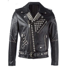 Load image into Gallery viewer, Men&#39;s Classic Sliver Studded Leather Motorcycle Jacket, Biker Leather Black Jacket - leathersguru
