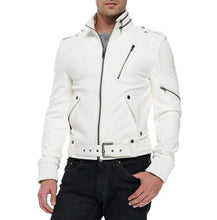 Load image into Gallery viewer, Men&#39;s Fashion Leather White Jacket, Men&#39;s Genuine Leather Belted Jacket - leathersguru
